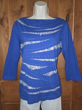 Karen Scott Royal Blue Boatneck Top with Silver Foil‎ Accents